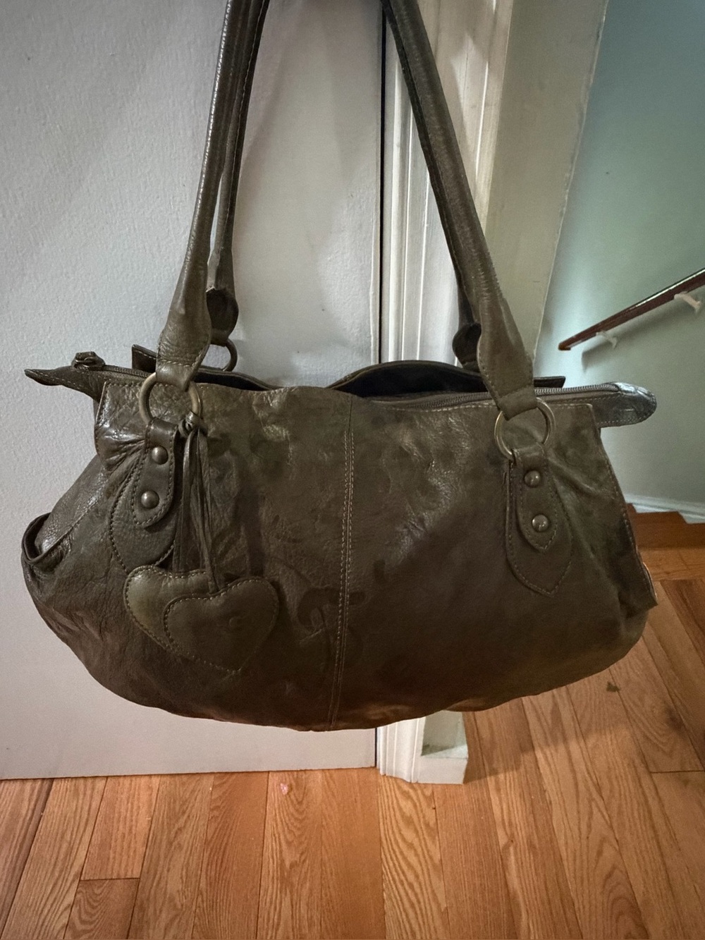 Roberta Gandolfi Large Olive Green Leather Hobo Bag with Heart Charms – Made in